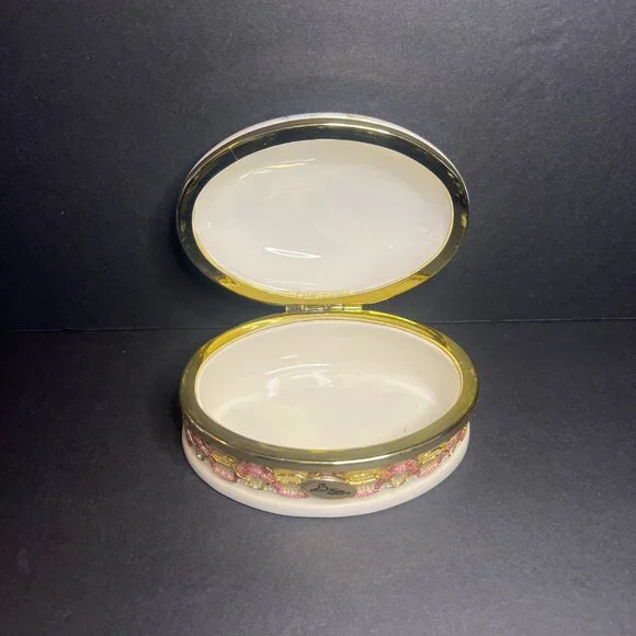VTG MCM Berger Italian Porcelain Hinged Cherubs Angels Oval Trinket Box w Tassel - Picture 5 of 6